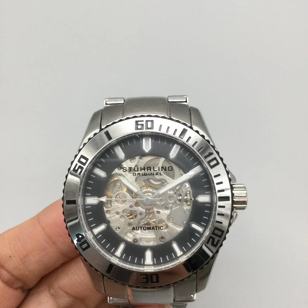 Stuhrling Original Mens Watch 45mm Black Skeleton Dial Stainless Automatic 8